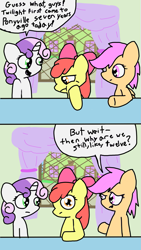 Size: 1125x2001 | Tagged: safe, artist:platypus in a can, apple bloom, scootaloo, sweetie belle, pony, comic, cutie mark crusaders, happy birthday mlp:fim, mlp fim's seventh anniversary, sugarcube corner