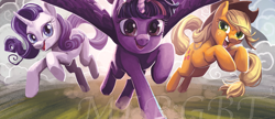 Size: 2797x1208 | Tagged: safe, applejack, rarity, twilight sparkle, twilight sparkle (alicorn), alicorn, earth pony, pony, unicorn, my little pony: the movie, coming at you, concept art, leaping, running, spread wings, trio, wings