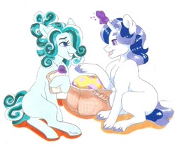 Size: 703x598 | Tagged: safe, artist:frozensoulpony, oc, oc only, oc:crown jewel, oc:starring role, earth pony, pony, unicorn, basket, bread, female, food, magic, male, mare, picnic basket, sitting, stallion, traditional art