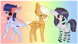 Size: 1920x1080 | Tagged: safe, artist:shizuka-kiyoko, oc, oc only, oc:blue dusk, oc:sandy storms, oc:sha'leka, bat pony, pony, zebra, burn, ear piercing, earring, eyepatch, group, hair dye, heterochromia, jewelry, piercing, scar, tattoo, wing piercing