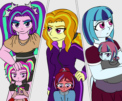 Size: 2414x2000 | Tagged: safe, artist:jolliapplegirl, adagio dazzle, aria blaze, sonata dusk, oc, oc:ardent melody, oc:rose red, oc:sour note, siren, equestria girls, clothes, equestria girls-ified, female, magical lesbian spawn, male, mother and child, mother and daughter, mother and son, next generation, offspring, parent and child, parent:adagio dazzle, parent:aria blaze, parent:princess cadance, parent:sonata dusk, parent:sour sweet, parent:sunset shimmer, parents:sonatasweet, parents:sunsagio, siblings, story in the source