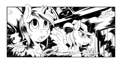 Size: 2550x1350 | Tagged: safe, artist:hobbes-maxwell, oc, oc only, oc:calamity, oc:littlepip, pegasus, pony, unicorn, fallout equestria, battle saddle, black and white, clothes, fanfic, fanfic art, female, grayscale, gun, hat, horn, male, mare, monochrome, open mouth, pipbuck, rifle, stable, stallion, teeth, vault suit, weapon, wings