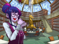 Size: 1000x744 | Tagged: safe, artist:ddd1983, sci-twi, twilight sparkle, equestria girls, book, clothes, excited, glasses, library, smiling, solo