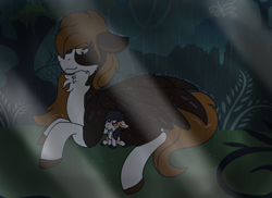 Size: 2896x2104 | Tagged: safe, artist:euspuche, oc, oc only, oc:liliya krasnyy, oc:punish mittet, earth pony, pegasus, pony, father and child, father and daughter, female, filly, forest, male, parent and child, rain