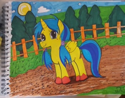 Size: 2048x1600 | Tagged: safe, artist:eubacta, oc, oc only, alicorn, alicorn oc, female, fence, filly, pigtails, solo, sun, traditional art, tree