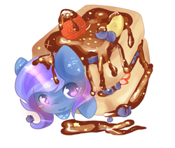 Size: 991x839 | Tagged: artist needed, safe, oc, oc only, oc:peppermint crunch, pegasus, pony, blueberry, breakfast, dessert, female, food, mare, solo, strawberry, syrup, waffle