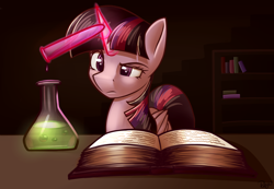 Size: 4300x2975 | Tagged: safe, artist:rubywave32, twilight sparkle, twilight sparkle (alicorn), alicorn, pony, book, erlenmeyer flask, glowing horn, magic, science, solo, telekinesis