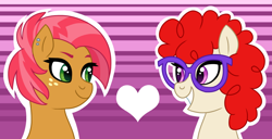 Size: 1024x526 | Tagged: safe, artist:cascayd, babs seed, twist, earth pony, pony, babstwist, ear piercing, earring, female, filly, glasses, jewelry, lesbian, looking at each other, piercing, shipping