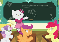 Size: 2864x2025 | Tagged: safe, artist:stardust-phantom, apple bloom, scootaloo, sweetie belle, earth pony, pegasus, pony, unicorn, chalkboard, crossover, cutie mark crusaders, desk, eraser, fanart mashup challenge, female, filly, hello kitty, sanrio