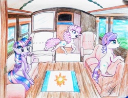 Size: 1020x784 | Tagged: safe, artist:scarlett-letter, derpibooru import, pinkie pie, spoiled rich, twilight sparkle, twilight sparkle (alicorn), alicorn, earth pony, pony, book, commission, open mouth, reading, rug, sitting, smiling, sofa, traditional art, train, window