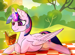 Size: 2700x2000 | Tagged: safe, artist:isorrayi, twilight sparkle, twilight sparkle (alicorn), alicorn, pony, book, ear fluff, female, high res, magic, mare, picnic blanket, preglight sparkle, pregnant, prone, reading, smiling, solo, story in the source