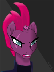 Size: 776x1029 | Tagged: safe, artist:uliks-uliks, tempest shadow, pony, unicorn, my little pony: the movie, armor, broken horn, eye scar, female, mare, open mouth, scar, scene interpretation, solo