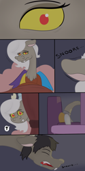 Size: 1500x3000 | Tagged: safe, artist:theimmortalwolf, discord, eris, oc, oc:shawn, draconequus, ask, pregnant, rule 63, sleeping, tumblr, tumblr comic