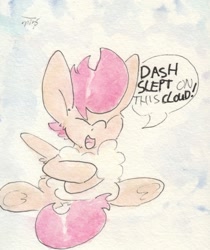 Size: 692x825 | Tagged: safe, artist:slightlyshade, scootaloo, pony, cloud, cute, cutealoo, hug, solo, traditional art, underhoof