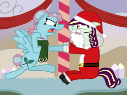 Size: 2048x1536 | Tagged: safe, artist:kindheart525, oc, oc only, oc:pristine melody, oc:turquoise edge, candy, candy cane, clothes, costume, food, kindverse, magical lesbian spawn, offspring, open mouth, parent:applejack, parent:coloratura, parent:limestone pie, parent:zephyr breeze, parents:rarajack, parents:zephyrstone, rock farm, santa costume, scarf