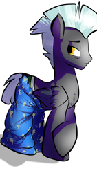 Size: 2121x3771 | Tagged: safe, artist:heyerika, thunderlane, pegasus, pony, clothes, looking back, male, pajamas, simple background, solo, stallion, tail wrap, tired, underwear