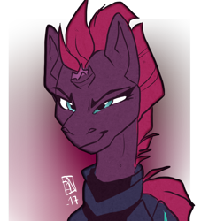 Size: 980x1080 | Tagged: safe, artist:pprinceran, artist:prince-ran, tempest shadow, unicorn, my little pony: the movie, armor, broken horn, female, mare, raised eyebrow, smiling, solo