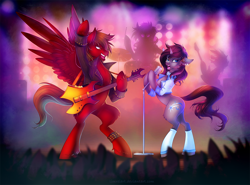 Size: 1000x741 | Tagged: safe, artist:limreiart, oc, oc only, pony, clothes, crowd, drums, female, guitar, male, mare, microphone, singing, stage, stallion