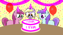 Size: 4411x2481 | Tagged: safe, artist:dinkyuniverse, dinky hooves, liza doolots, petunia, ruby pinch, tootsie flute, anniversary, balloon, cake, celebration, chest fluff, confetti, cute, female, filly, food, party, streamers, table