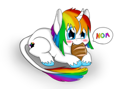 Size: 2000x1400 | Tagged: safe, artist:gliconcraft, oc, oc only, oc:rainbow quasar, classical unicorn, bread, colored, cute, fangs, food, leonine tail, nom, rainbow, request, solo, trace, unshorn fetlocks