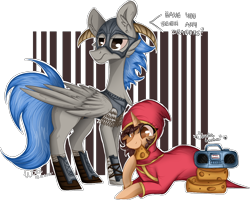 Size: 1294x1035 | Tagged: safe, artist:woonborg, oc, oc only, oc:shade, oc:woon, pegasus, pony, unicorn, armor, boombox, cheek fluff, cheese, chest fluff, clothes, dialogue, dunka dunka, ear fluff, eating, female, food, helmet, hoof hold, magicka, male, mare, prone, robe, shoes, signature, simple background, smiling, stallion, standing, transparent background