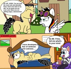 Size: 908x880 | Tagged: safe, artist:eagc7, oc, oc only, oc:curly fries, oc:dr. wolf, oc:lightning bliss, alicorn, pony, unicorn, wolf, angry, bush, chair, comic, dialogue, female, flower, goggles, hat, i'm not cute, male, mare, sofa, stallion, text, traumatized