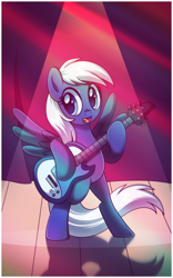 Size: 3458x5533 | Tagged: safe, artist:estories, oc, oc only, oc:frosty twinkle, pegasus, pony, bipedal, female, guitar, high res, mare, solo, spotlight