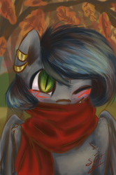 Size: 682x1026 | Tagged: safe, artist:elisdoominika, oc, oc only, oc:notde, bat pony, autumn, bat pony oc, blushing, clothes, ear piercing, looking at you, piercing, scarf, solo