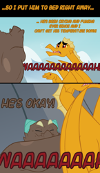 Size: 600x1034 | Tagged: safe, artist:queencold, garble, oc, oc:caldera, oc:grandma griddle, dragon, comic:mommy issues, baby dragon, crying, dialogue, dragon oc, dragoness, mother, pushing, younger