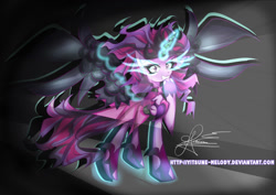 Size: 1600x1134 | Tagged: safe, artist:yitsune-melody, midnight sparkle, sci-twi, twilight sparkle, equestria girls ponified, glowing eyes, glowing horn, ponified, raised hoof, solo, watermark