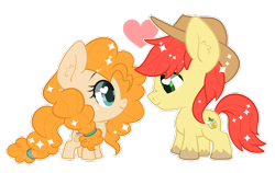 Size: 3079x1948 | Tagged: safe, artist:snow angel, bright mac, pear butter, the perfect pear, brightbutter, chibi, cute, female, heart eyes, looking at each other, male, mare, shipping, simple background, smiling, stallion, straight, transparent background, wingding eyes
