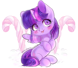 Size: 1024x889 | Tagged: safe, artist:princess-liliana, twilight sparkle, twilight sparkle (alicorn), alicorn, pony, blush sticker, blushing, candy, candy cane, christmas, cute, food, shiny, snow, solo, starry eyes, tongue out, twiabetes, wingding eyes