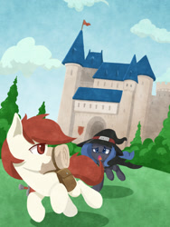 Size: 750x1000 | Tagged: safe, artist:l8lhh8086, oc, oc:sain, oc:sword, castle, filly, hat, open mouth, running, solo, younger