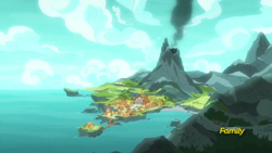 Size: 1280x720 | Tagged: safe, screencap, campfire tales, background, city, discovery family logo, mostly cloudy, mountain, no pony, ocean, pier, rockhoof's village, scenery, shore, volcano