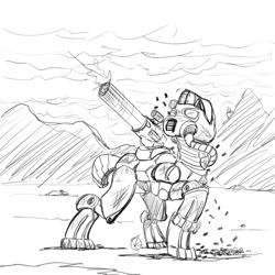 Size: 1000x1000 | Tagged: safe, artist:overkenzie, fallout equestria, armor, canterlot, minigun, power armor, shooting, sketch, solo, steel ranger, steel rangers, wake up and smell the cordite