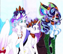 Size: 736x630 | Tagged: safe, artist:frozensoulpony, princess flurry heart, oc, oc:allegory, oc:prince azimuth, alicorn, draconequus, hybrid, unicorn, dia de los muertos, interspecies offspring, offspring, older, parent:comet tail, parent:discord, parent:princess luna, parent:twilight sparkle, parents:cometlight, parents:lunacord, traditional art