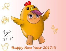 Size: 1326x1024 | Tagged: safe, artist:brianchoobrony-artie, scootaloo, animal costume, bipedal, blushing, chicken leg, chicken suit, chinese, chinese new year, chinese zodiac, clothes, costume, cute, cutealoo, food, frown, glare, gradient background, orange, pink background, scootachicken, scootaloo is not amused, simple background, solo, spread wings, text, unamused, wings, year of the rooster