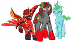 Size: 1670x978 | Tagged: safe, artist:overlord pony, oc, oc only, oc:dj cherry bomb, oc:hallo, oc:speedy, alicorn, earth pony, ghost, pony, coat markings, colored sketch, dreadlocks, female, headphones, male, mare, sketch, stallion, wings