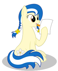 Size: 2500x3047 | Tagged: safe, alternate version, artist:up-world, oc, oc:anagua, earth pony, pony, female, mare, mouth hold, nation ponies, nicaragua, open mouth, paper, pencil, ponified, simple background, sitting, smiling, solo, transparent background