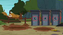 Size: 1271x713 | Tagged: safe, edit, edited screencap, screencap, campfire tales, crescent moon, discovery family logo, moon, no pony, outhouse