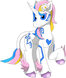 Size: 914x1073 | Tagged: safe, artist:umsauthorlava, oc, oc only, oc:edelweiss, classical unicorn, pony, unicorn, flower, flower in hair, leonine tail, male, solo, stallion, unshorn fetlocks