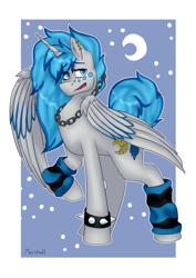 Size: 1024x1448 | Tagged: safe, artist:greenteadragonboi, oc, oc only, oc:moonbeam, alicorn, pony, female, leg warmers, mare, raised hoof, solo, spiked wristband, wristband