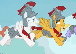 Size: 579x416 | Tagged: safe, screencap, albus, flash magnus, iron eagle, pegasus, pony, campfire tales, armor, cropped, flying, helmet, hoof shoes, male, out of context, royal legion, stallion