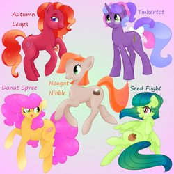 Size: 2000x2000 | Tagged: safe, artist:orcakisses, oc, oc only, oc:autumn leap, oc:donut spree, oc:nougat nibble, oc:seed flight, oc:tinkertot, earth pony, pegasus, pony, unicorn