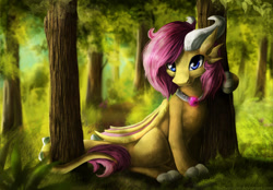 Size: 1024x711 | Tagged: safe, artist:aschenstern, oc, oc only, dragon, commission, curved horn, forest, male, necklace, not fluttershy, scenery, sitting, solo, sunlight, tree