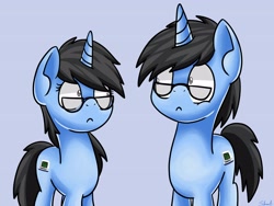 Size: 4000x3000 | Tagged: safe, artist:sabrib, oc, oc only, oc:tinker doo, pony, unicorn, blue background, confused, glasses, looking at each other, rule 63, self ponidox, simple background