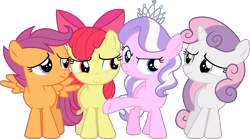 Size: 8563x4746 | Tagged: safe, artist:tomfraggle, apple bloom, diamond tiara, scootaloo, sweetie belle, earth pony, pegasus, pony, unicorn, absurd resolution, cutie mark crusaders, female, silly, simple background, transparent background, underhoof