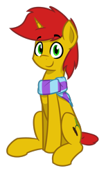 Size: 1100x1800 | Tagged: safe, artist:alexi148, oc, oc only, unicorn, 2018 community collab, clothes, derpibooru community collaboration, looking at you, male, scarf, simple background, sitting, solo, stallion, transparent background