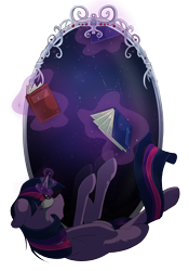 Size: 1100x1574 | Tagged: safe, artist:beardie, twilight sparkle, pony, unicorn, book, crying, falling, female, magic, mirror, simple background, solo, space, transparent background