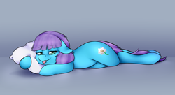 Size: 4867x2641 | Tagged: safe, artist:celestialoddity, oc, oc only, oc:roxy impelheart, cutie mark, lying down, on side, pillow, solo, tongue out, trans girl, transgender